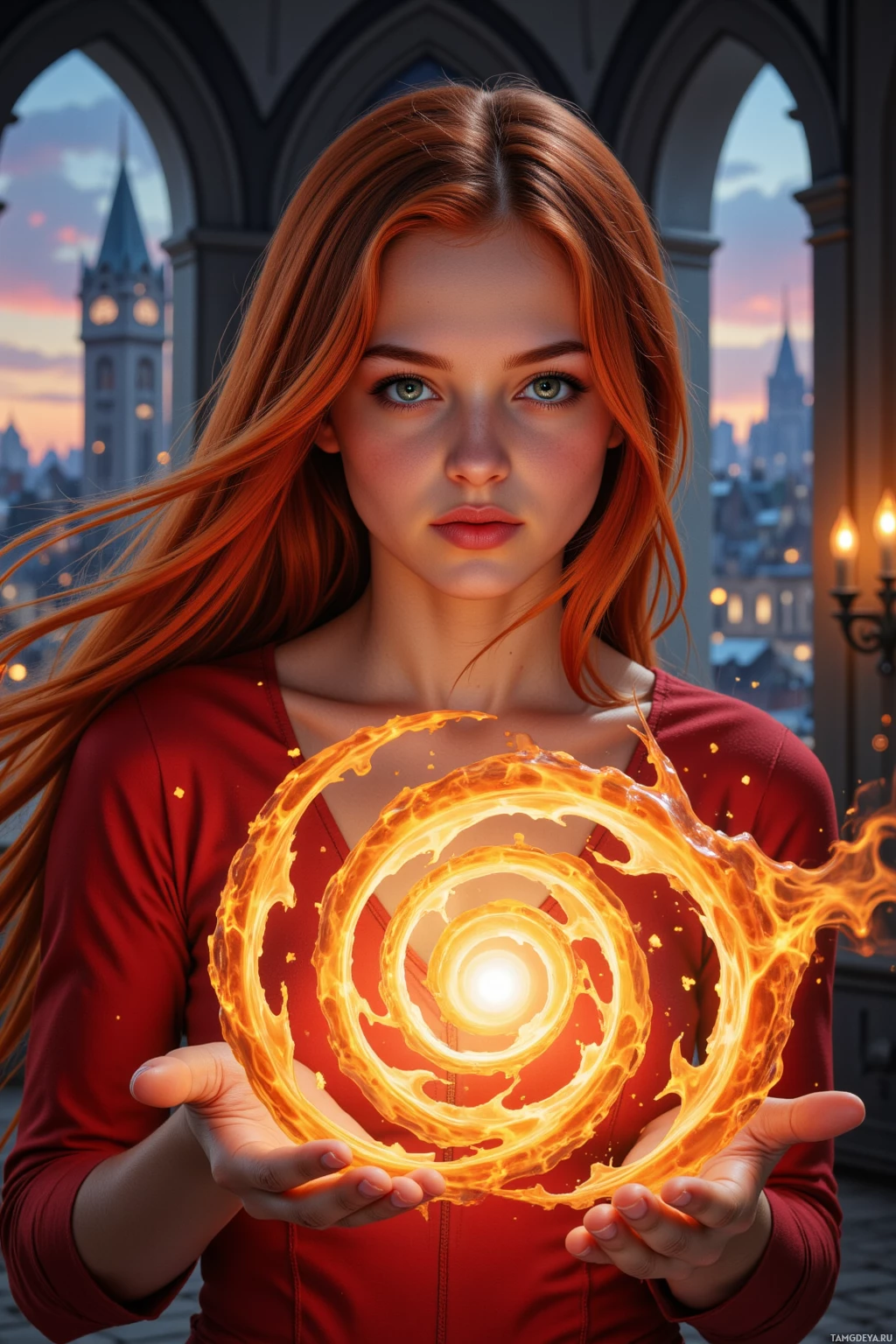 A person with long red hair holds a glowing, fiery ring in front of a gothic-style window.