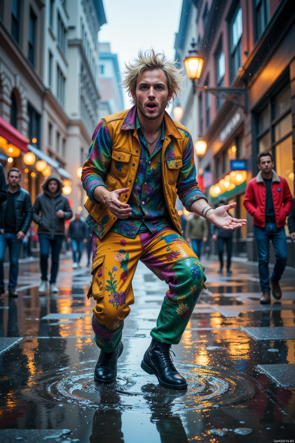 A person in a colorful, patterned outfit stands in a rainy urban alleyway.
