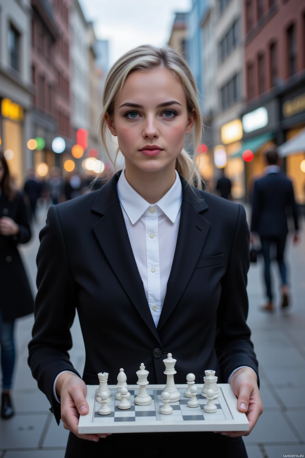 A woman in a suit holds a chessboard in a city street.