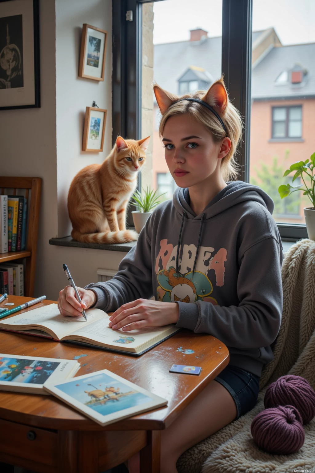 A person wearing a hoodie sits at a desk, writing in a notebook with a cat perched on the windowsill.
