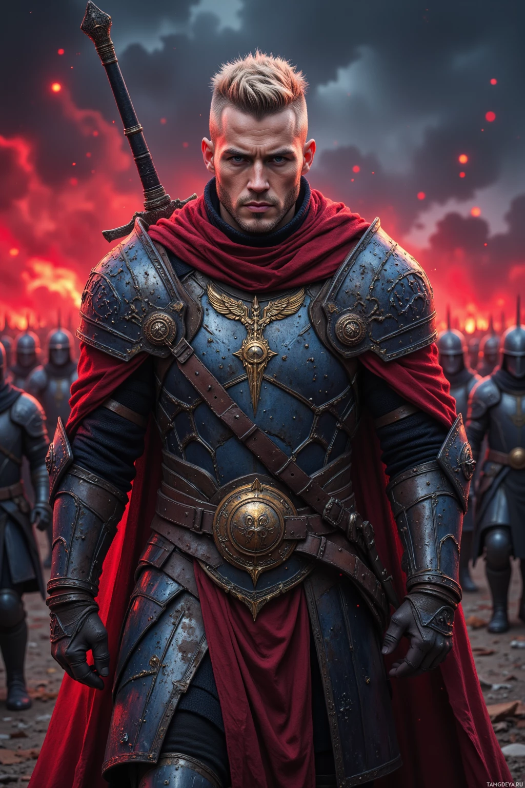 A warrior in ornate armor stands in front of a fiery battlefield.