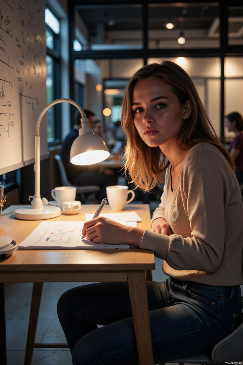 A woman sits at a desk in a dimly lit room, writing on a piece of paper with a pen.