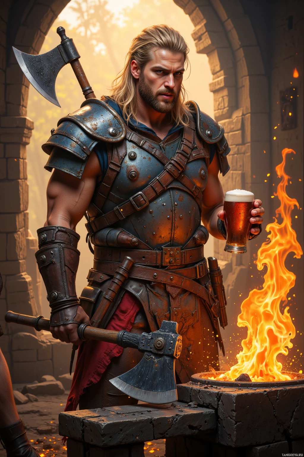 A muscular warrior in armor holds an axe and a glass of beer, standing near a fire.