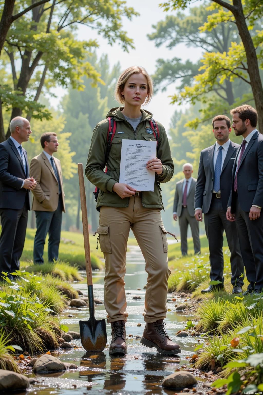 A woman in outdoor attire stands by a stream, holding a document, while several men in suits observe in the background.