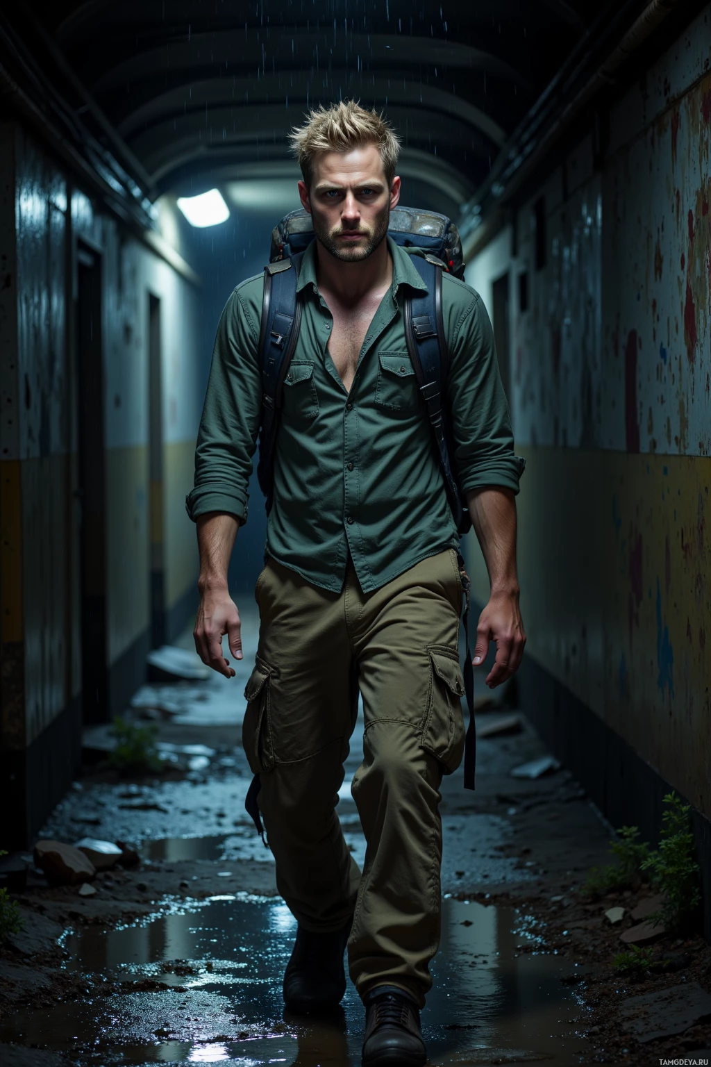 A man with a backpack walks through a dimly lit, rain-soaked corridor.