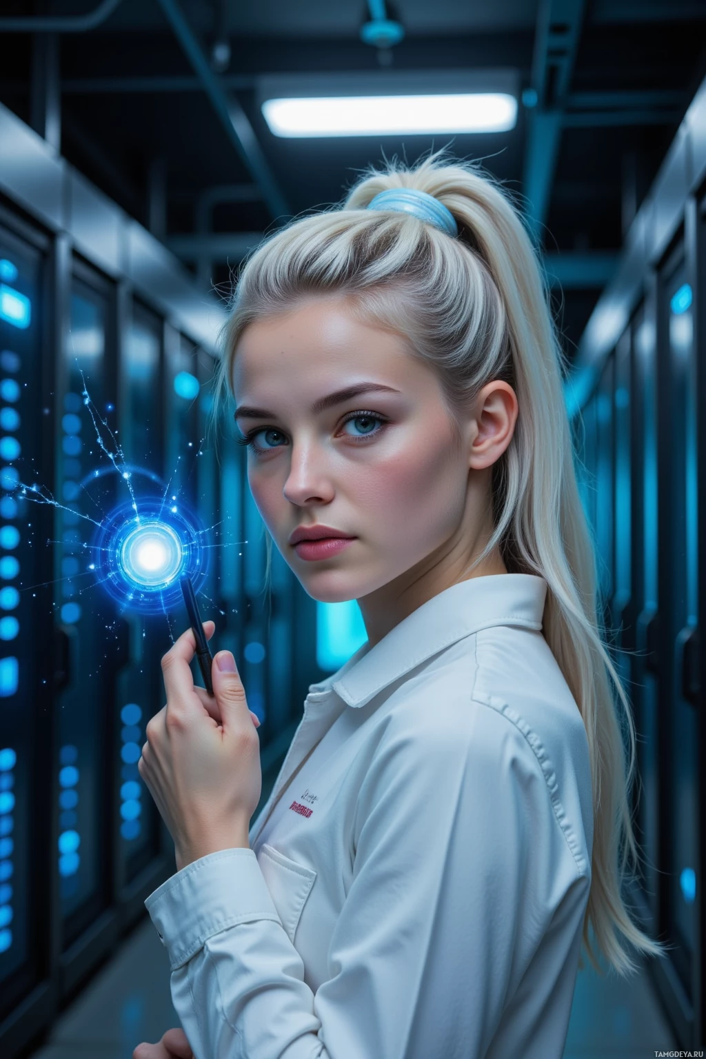 A woman in a lab coat stands in a server room, holding a glowing device.