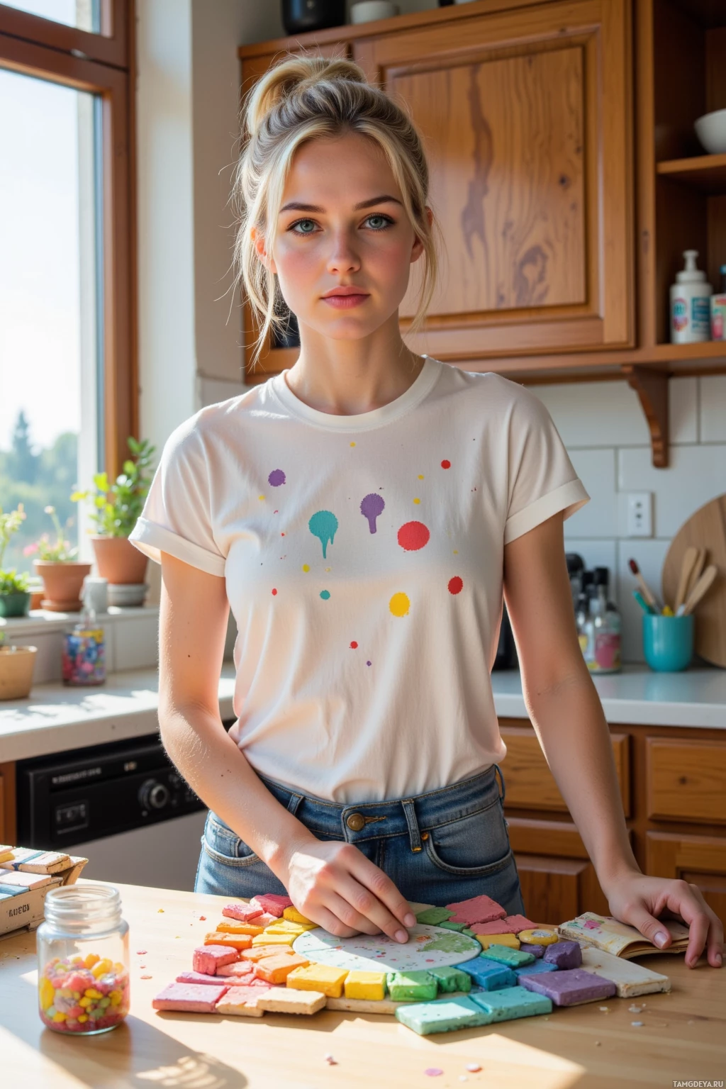 A person wearing a white t-shirt with colorful paint splatters stands in a kitchen with a table full of colorful pastel blocks.