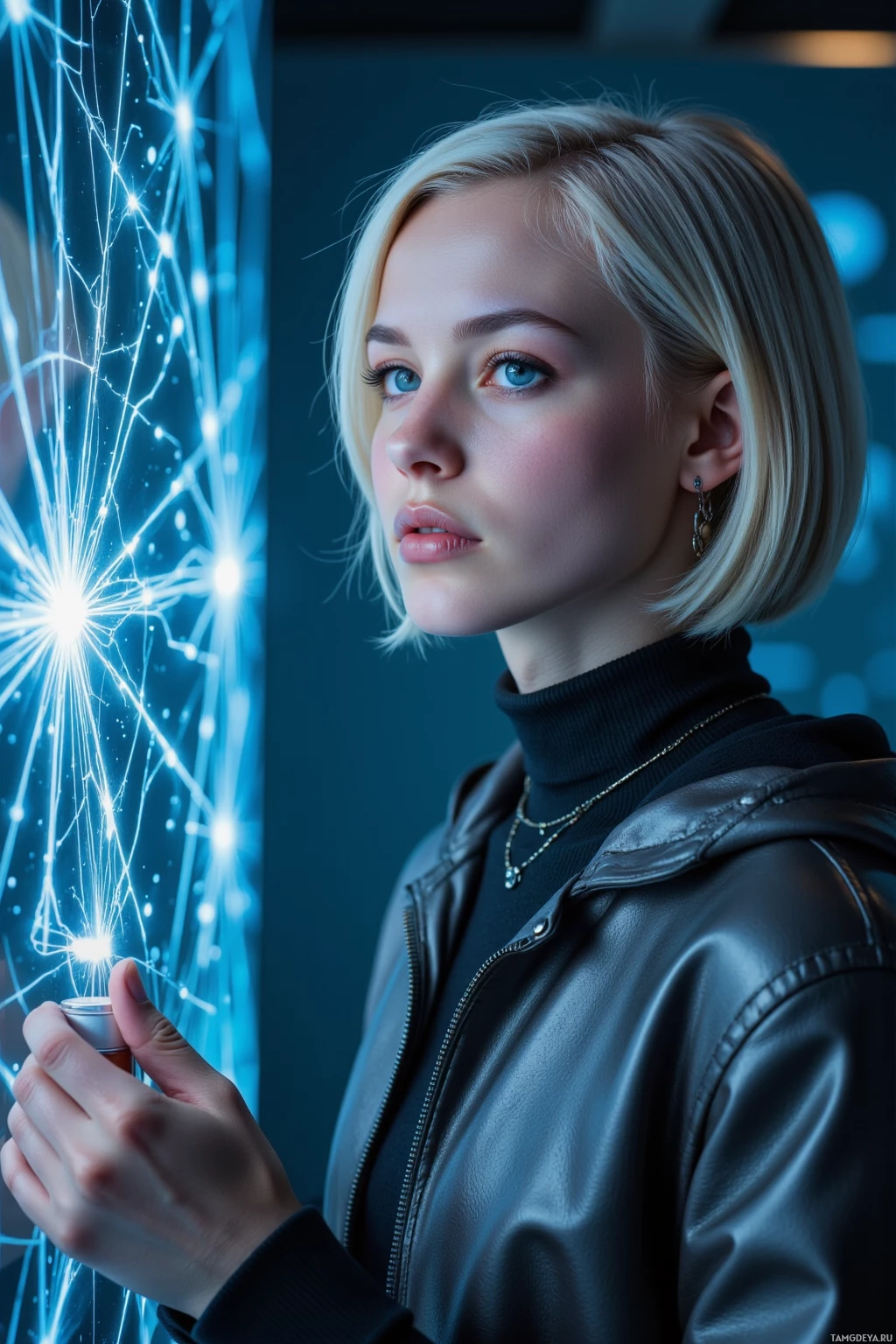 A person with short blonde hair wearing a black turtleneck and leather jacket stands in front of a glowing, network-like structure.