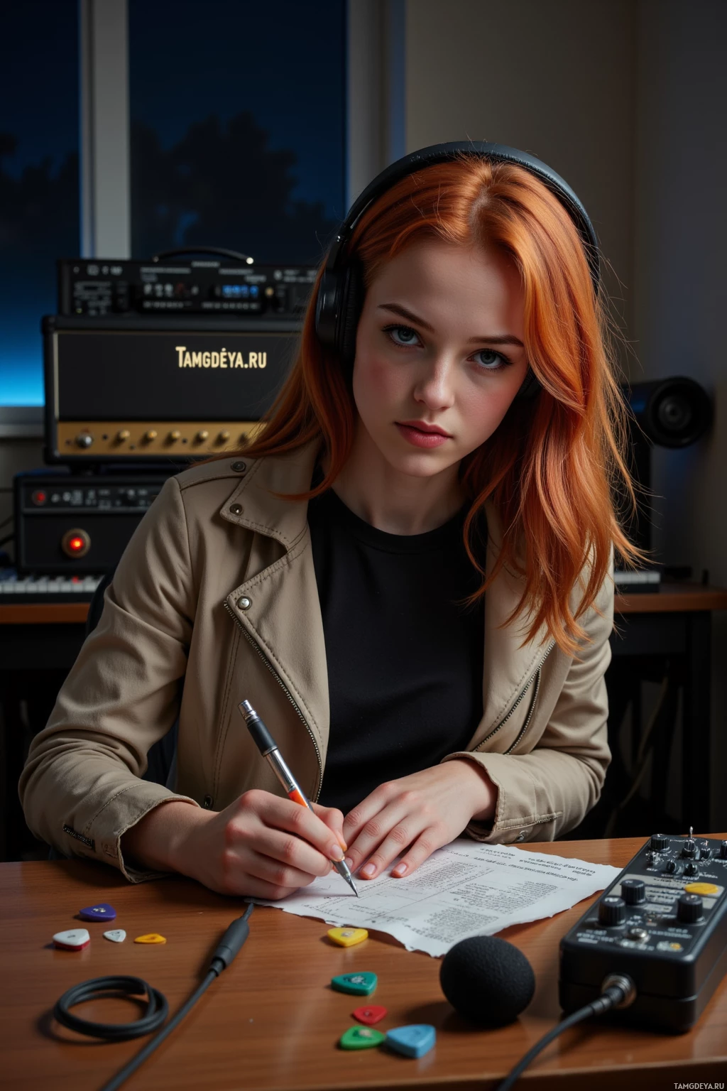 A person with red hair wearing headphones and a beige jacket is writing on a piece of paper in a room with musical equipment.