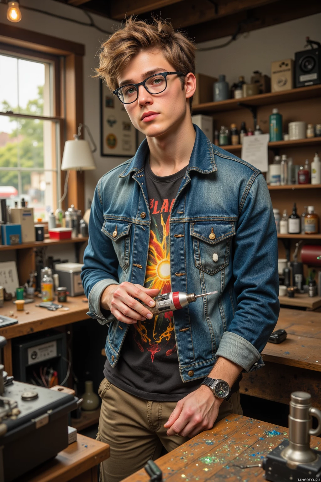 A young man in a denim jacket and glasses stands in a workshop, holding a tool.