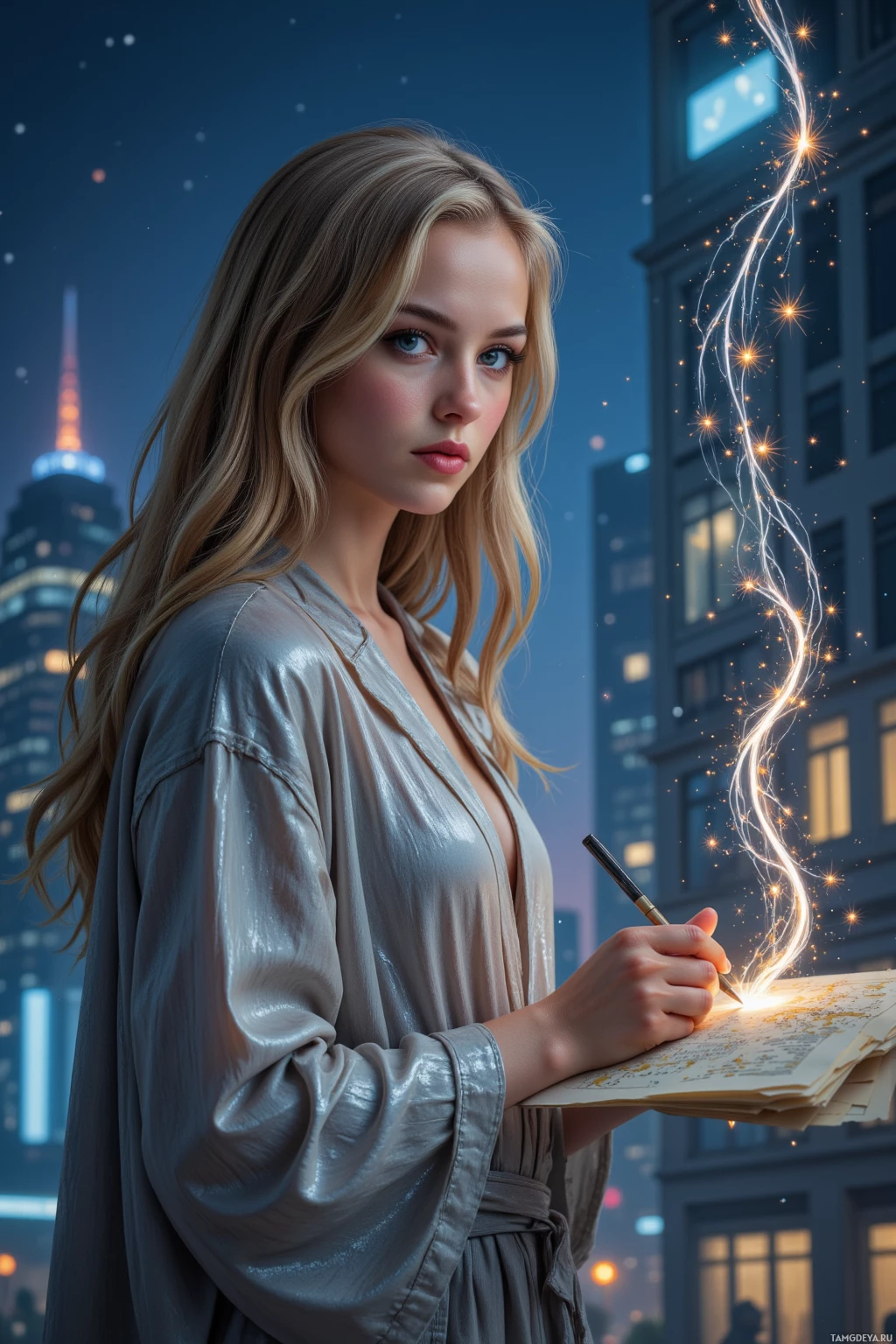 A woman in a shiny outfit writes in a glowing notebook against a cityscape backdrop.