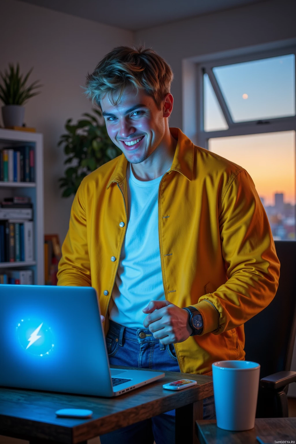 A man in a yellow jacket smiles while working on a laptop in a cozy room.