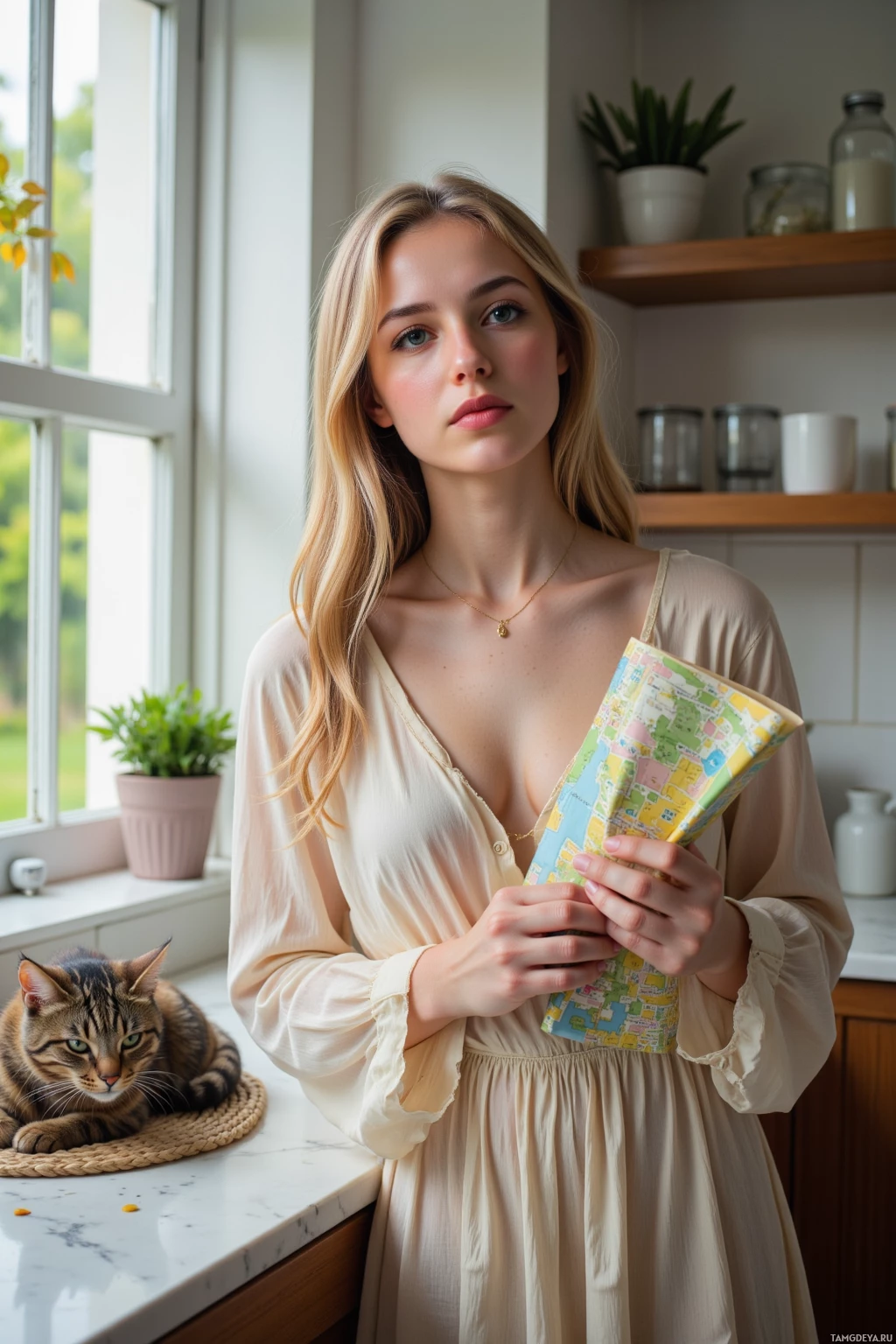 A woman in a light dress holds a map while a cat rests on the counter behind her.