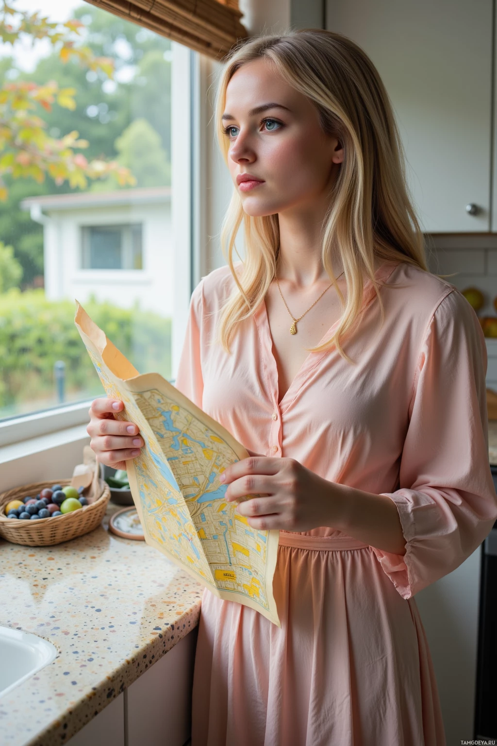 A woman in a pink dress stands by a window, holding a map.