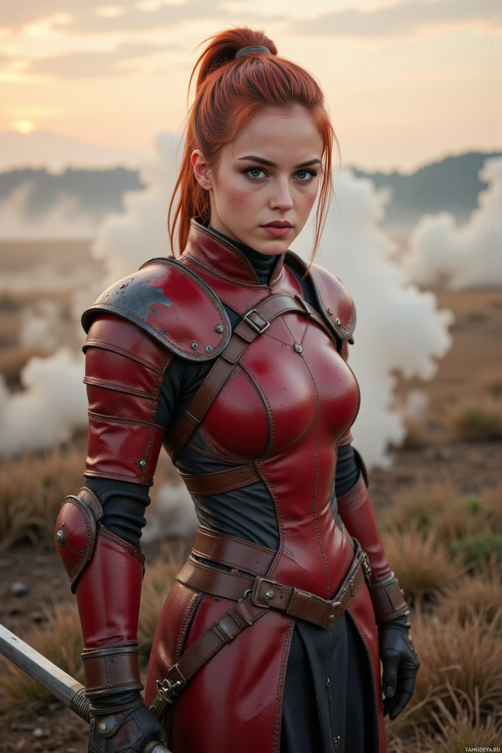 A woman in a red leather armor stands in a field at sunset.