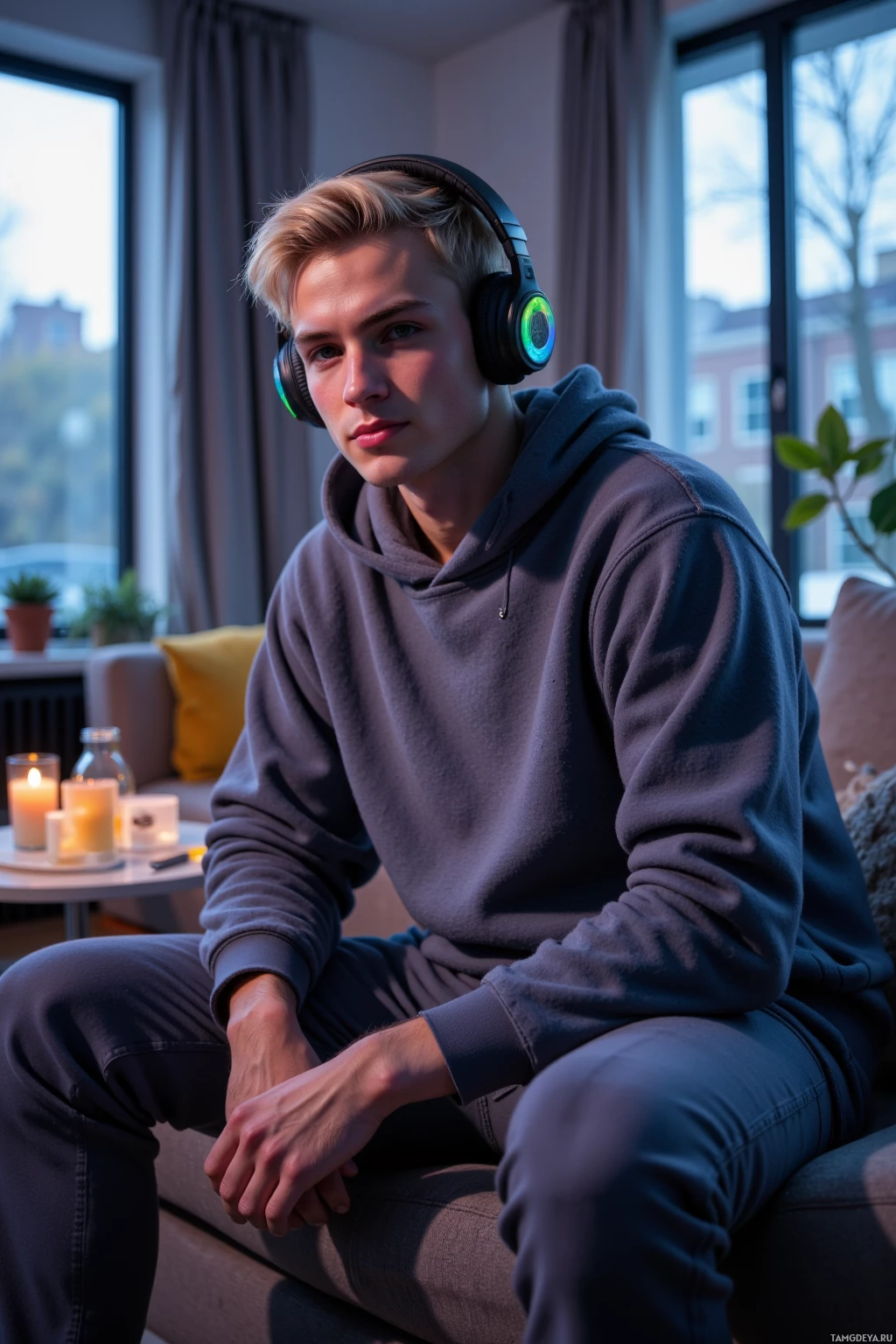 A person wearing headphones sits on a couch in a cozy living room.