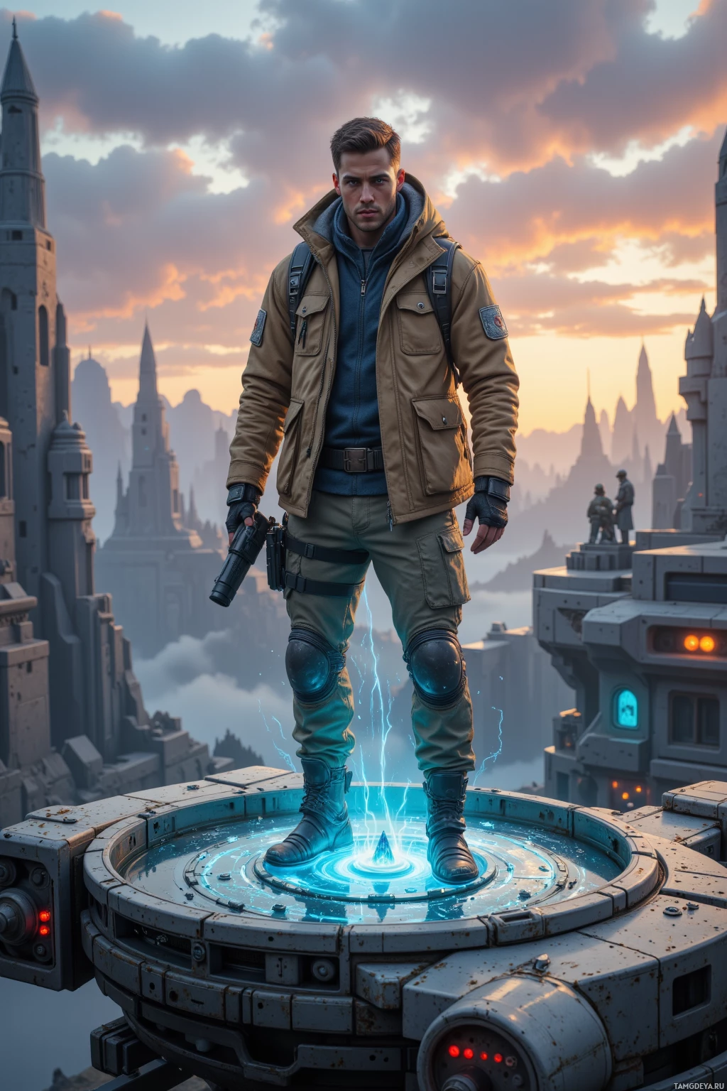 A futuristic character stands on a platform with glowing blue energy, overlooking a cityscape at sunset.
