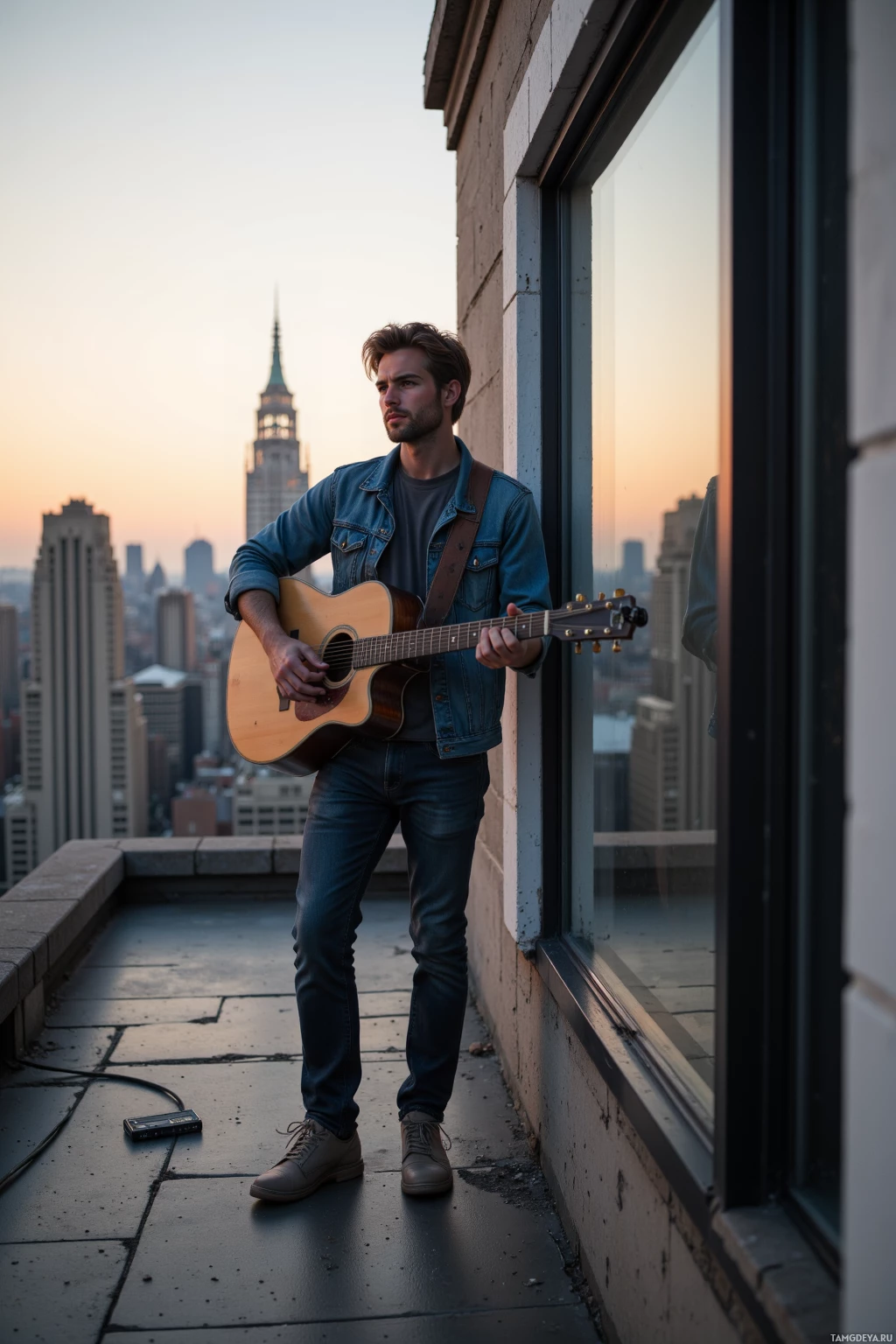 A man stands on a rooftop playing a guitar with a cityscape in the background.