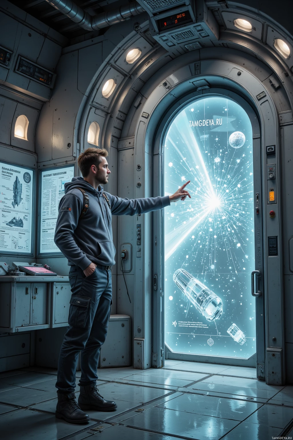 A person stands in a futuristic interior, pointing towards a glowing, cosmic display.