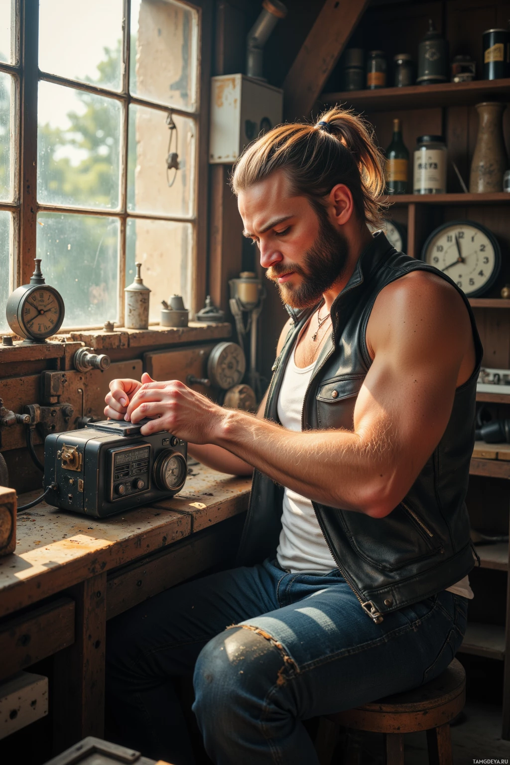 A man in a leather vest and jeans sits at a workbench, adjusting a vintage radio.