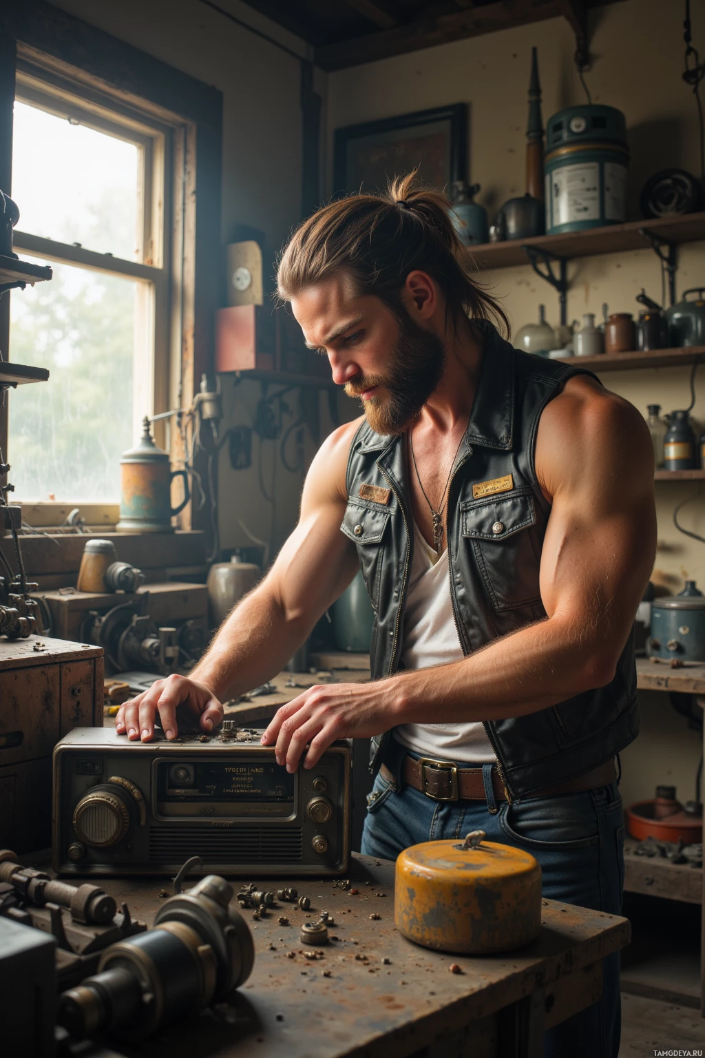 A man in a leather vest works on an old radio in a workshop.