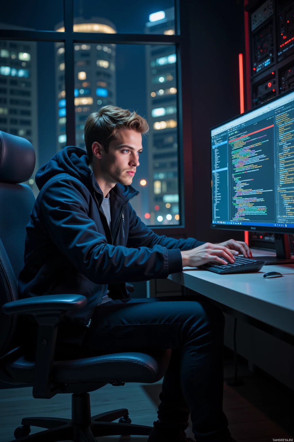 A person is working at a desk in a dimly lit room with a cityscape view, typing on a keyboard.