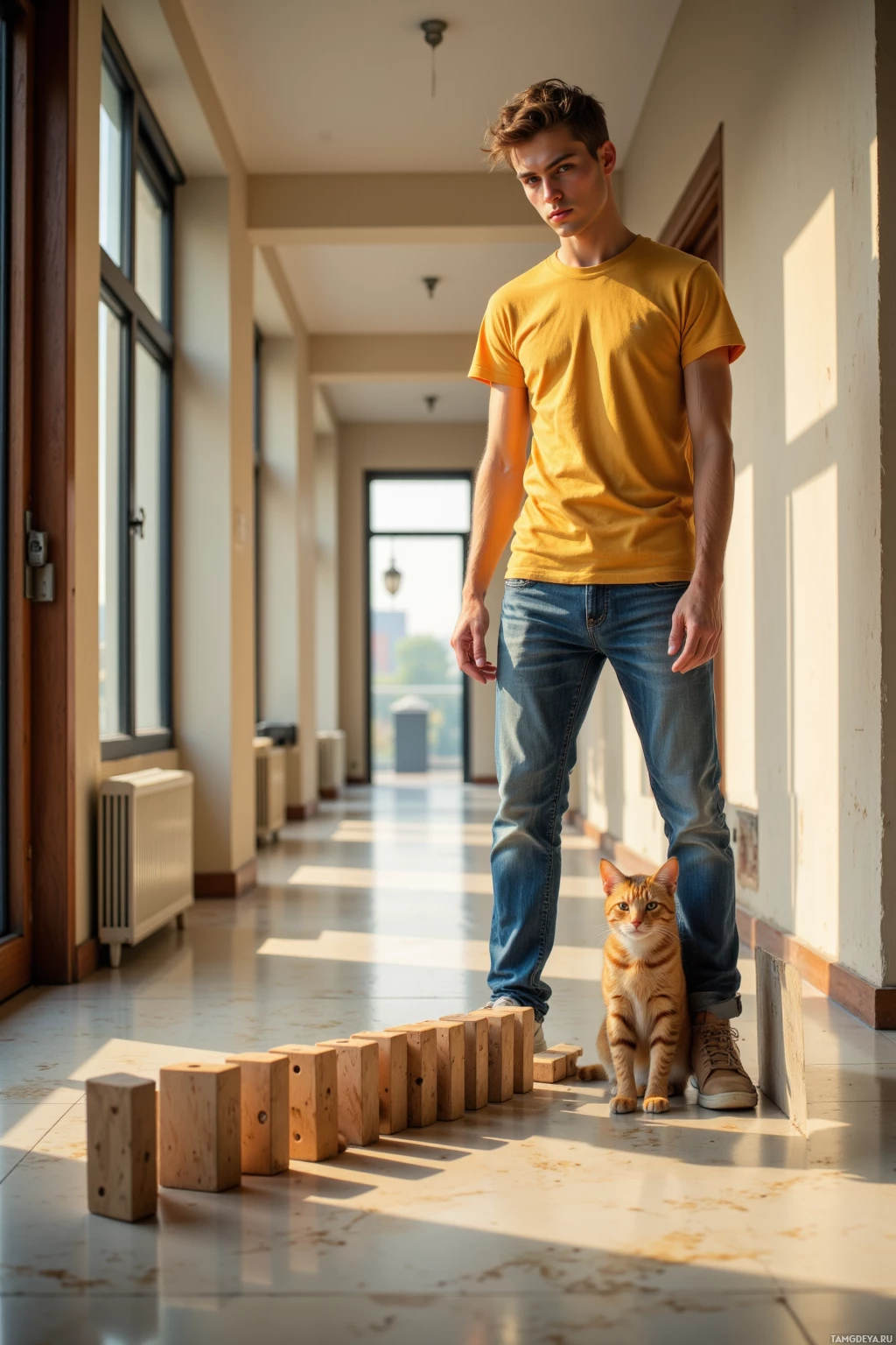 A person stands in a hallway with a cat sitting on the floor in front of them.