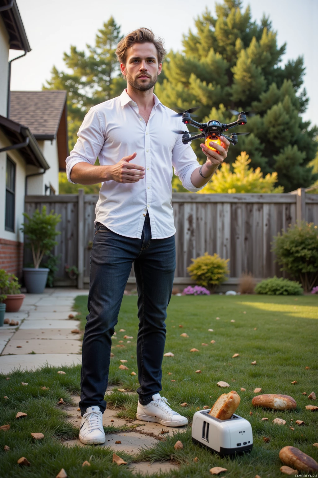 A man stands in a backyard holding a drone while a toaster with toast sits on the grass nearby.