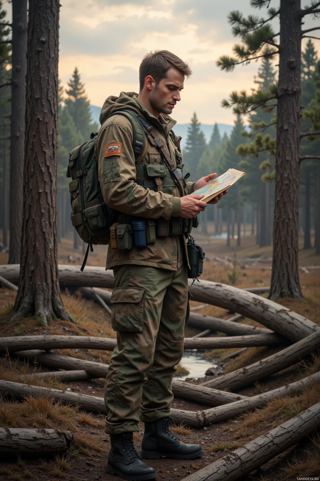 A person in military attire stands in a forested area, holding a map and looking intently at it.