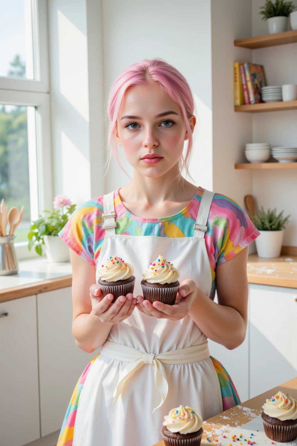 A person in a colorful apron holds two cupcakes with sprinkles in a bright kitchen setting.