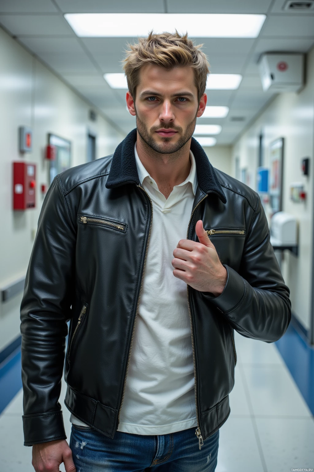A man in a black leather jacket and white shirt stands in a hallway.