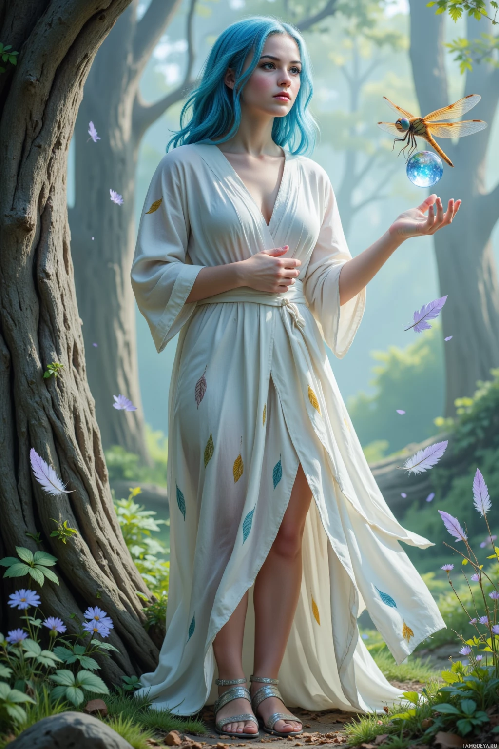 A woman in a flowing white dress stands in a serene forest setting, surrounded by nature and light.