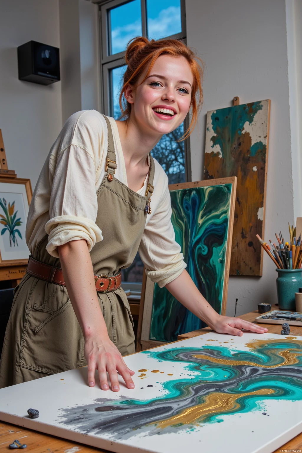 A person in an art studio with a colorful abstract painting on the wall and a partially completed painting on the table.