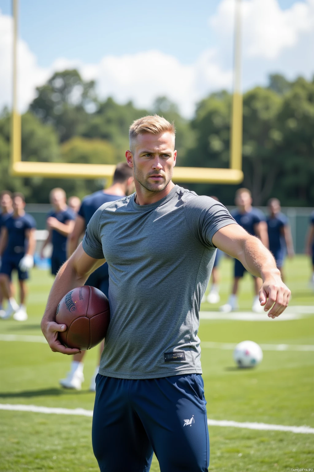 A man in athletic attire holds a football on a field with other players in the background.