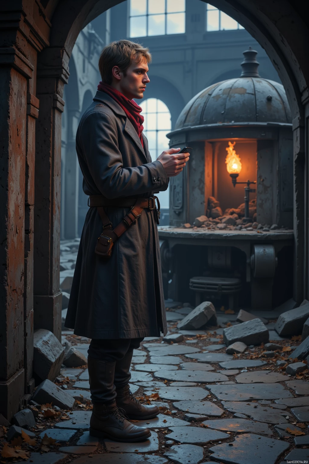 A man in a trench coat and scarf stands in an old, dimly lit courtyard, holding a phone.