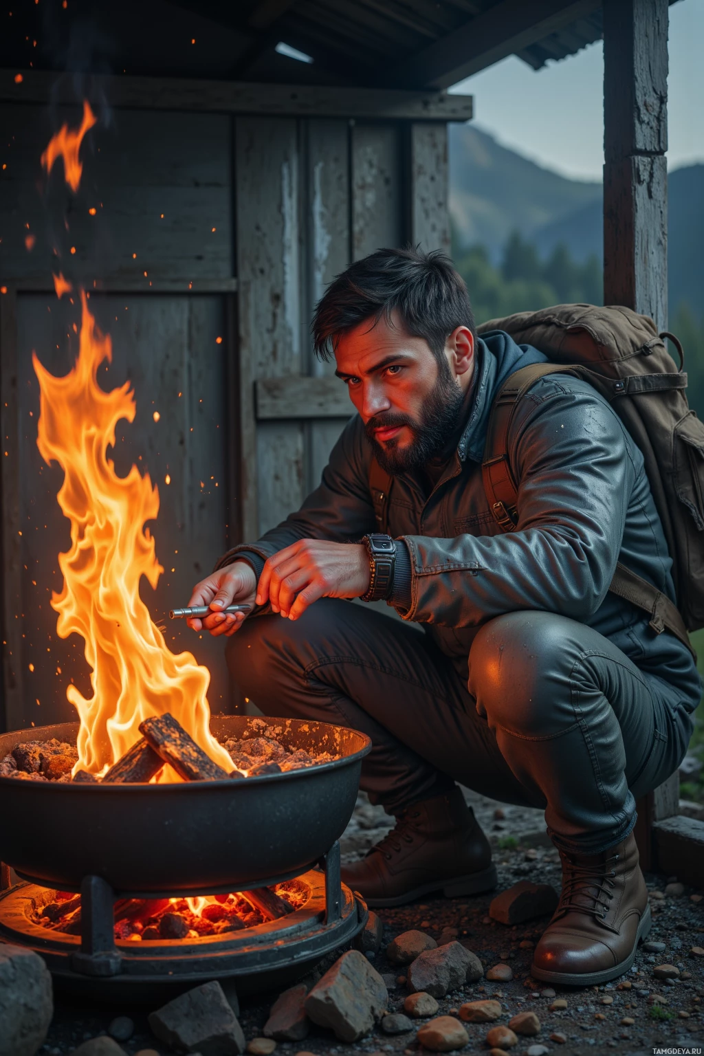 A man crouches beside a campfire, wearing outdoor gear and a backpack, in a rustic outdoor setting.