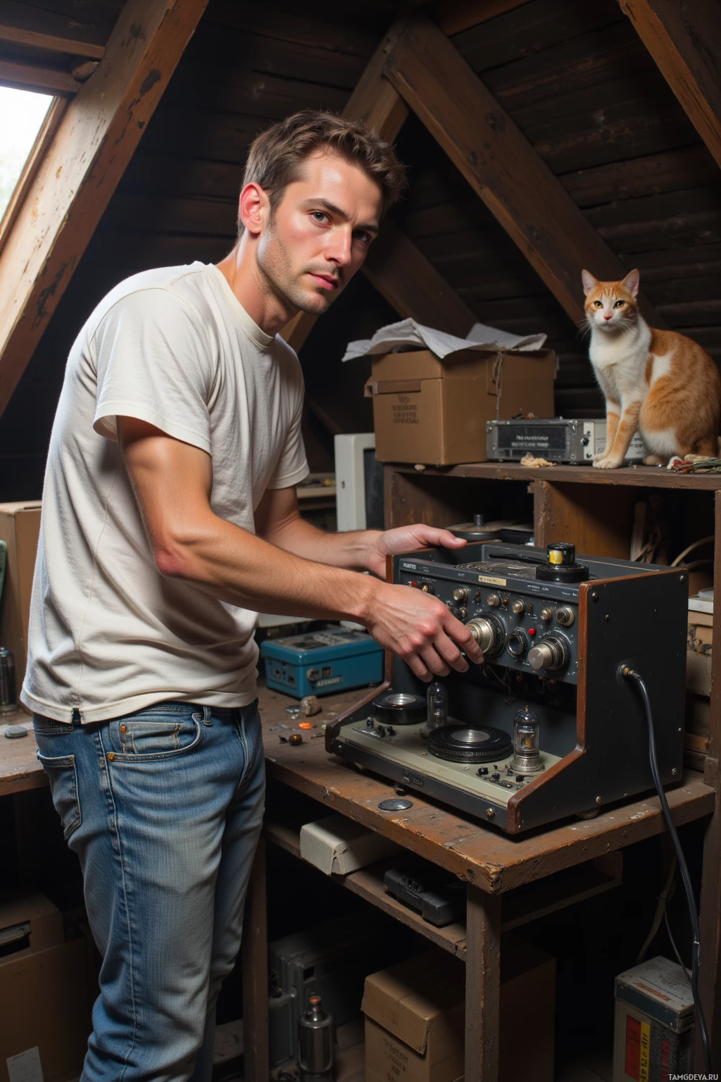 A man in a workshop setting adjusts a vintage radio while a cat perches on a shelf in the background.
