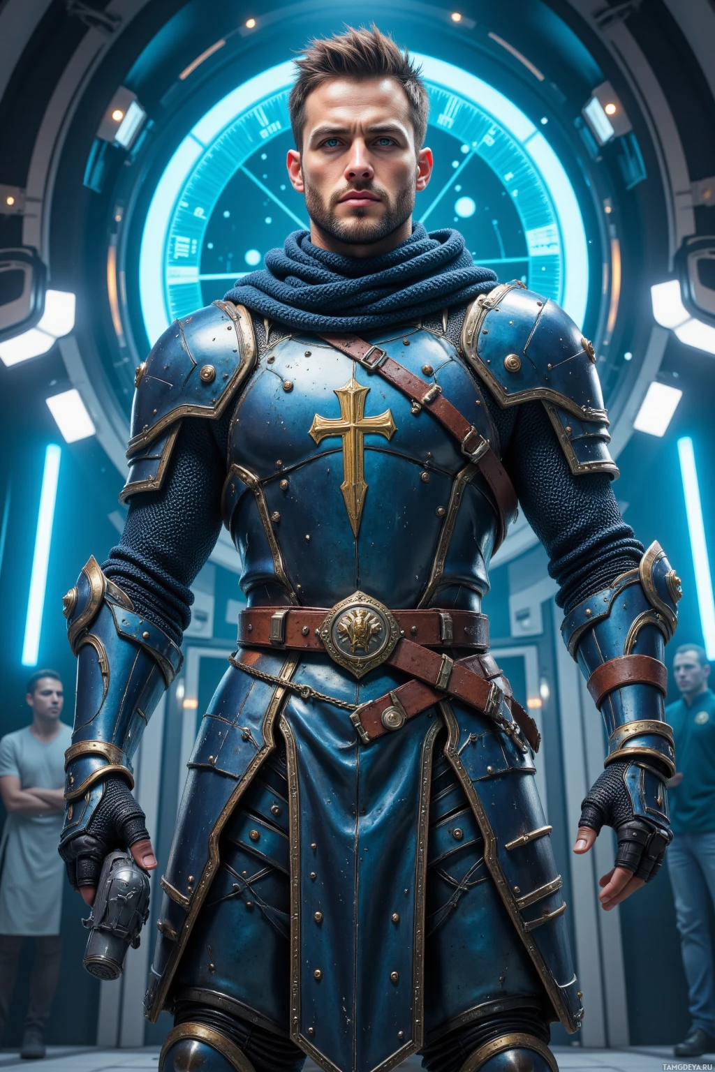 A person in blue and gold armor stands in a futuristic setting.