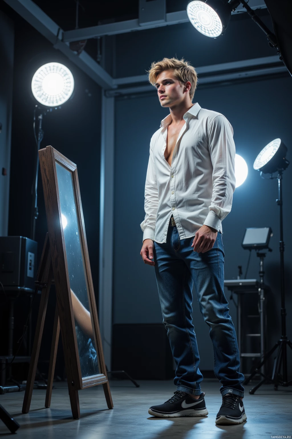 A man stands in a studio setting, wearing a white shirt and jeans, with a reflective surface and studio lights in the background.
