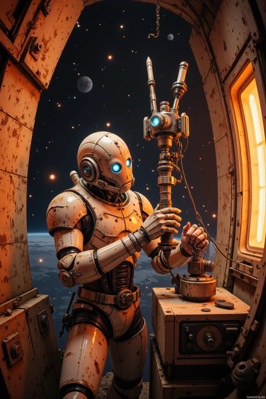 A robot in a space suit stands inside a spacecraft, holding a device with glowing blue lights.