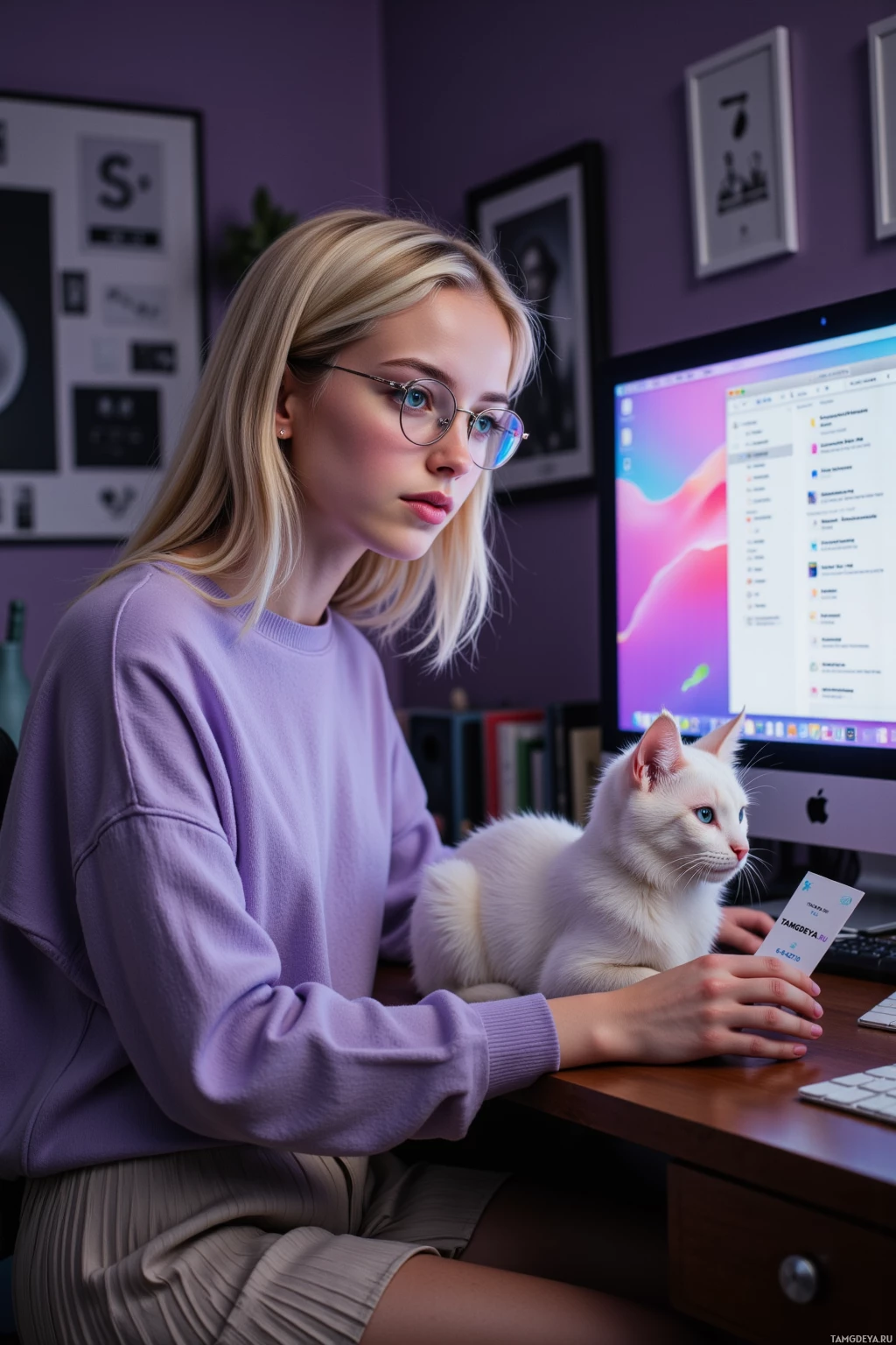 A person wearing glasses sits at a desk with a white cat, working on a computer.