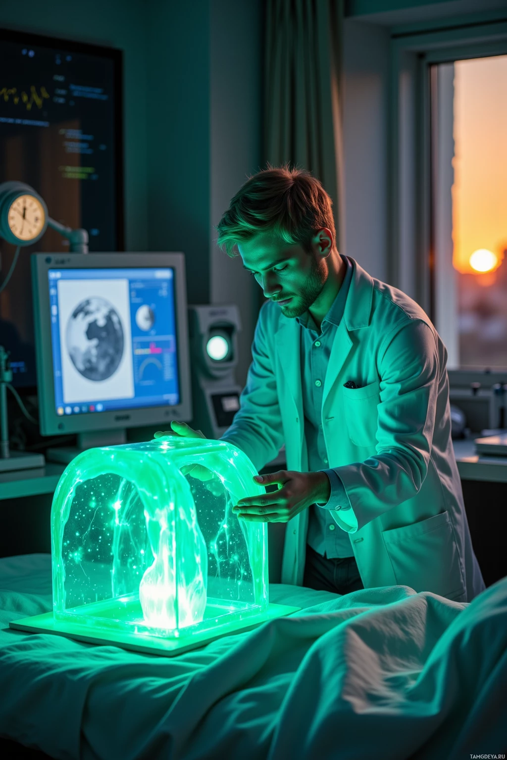 A scientist examines a glowing, transparent cube in a laboratory setting.