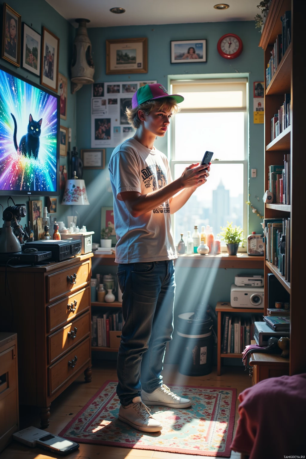 A young person stands in a room with a TV displaying a cat, holding a phone.