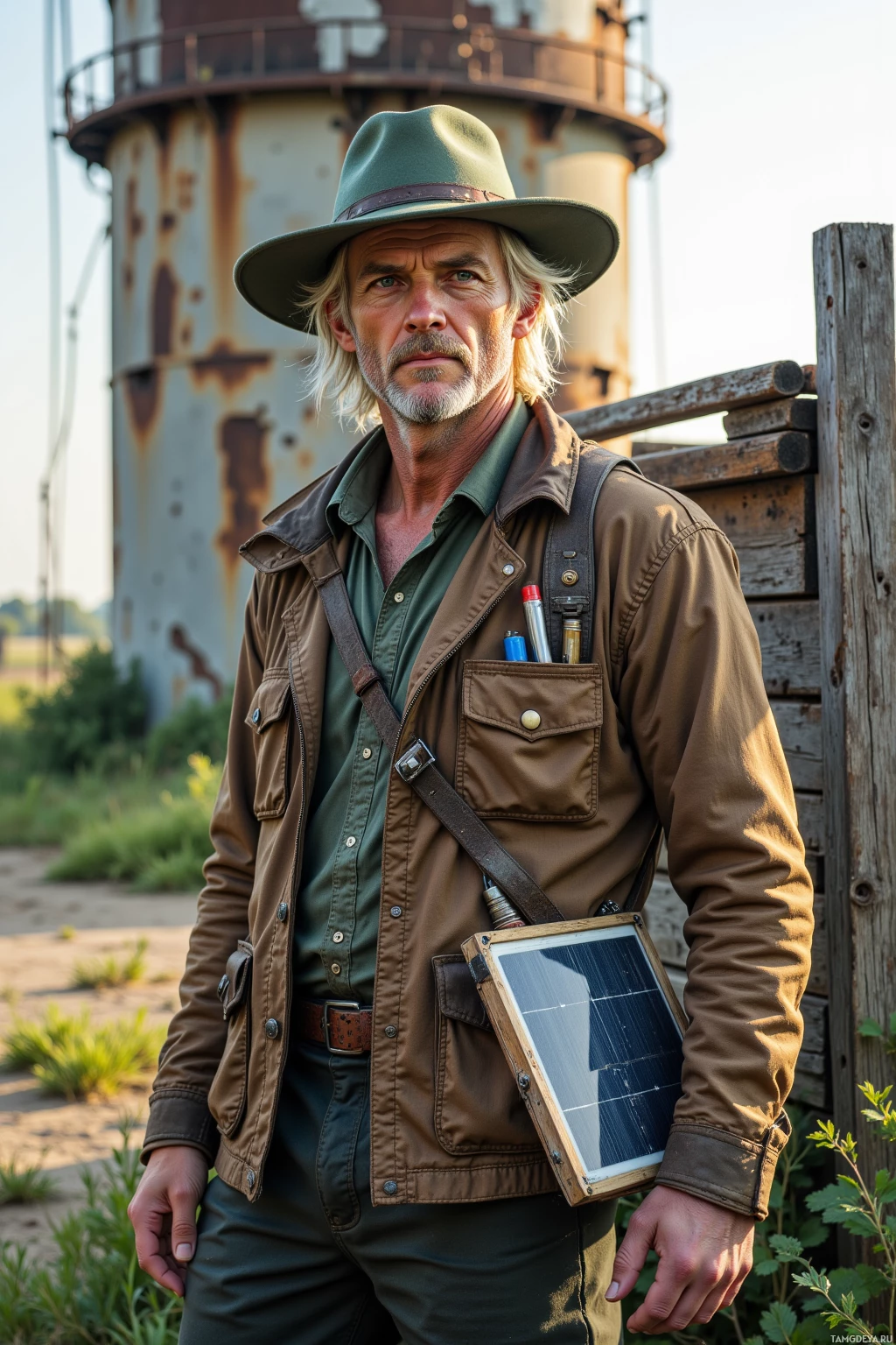 A man in a safari outfit stands in front of a rusted tower, holding a solar panel.