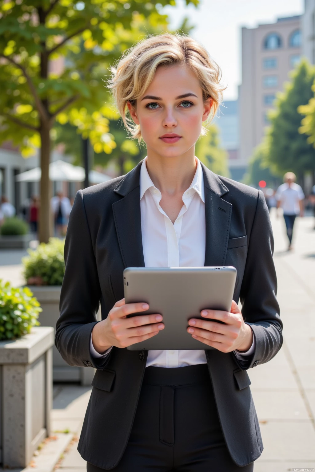 A woman in a business suit holds a tablet while standing outdoors.