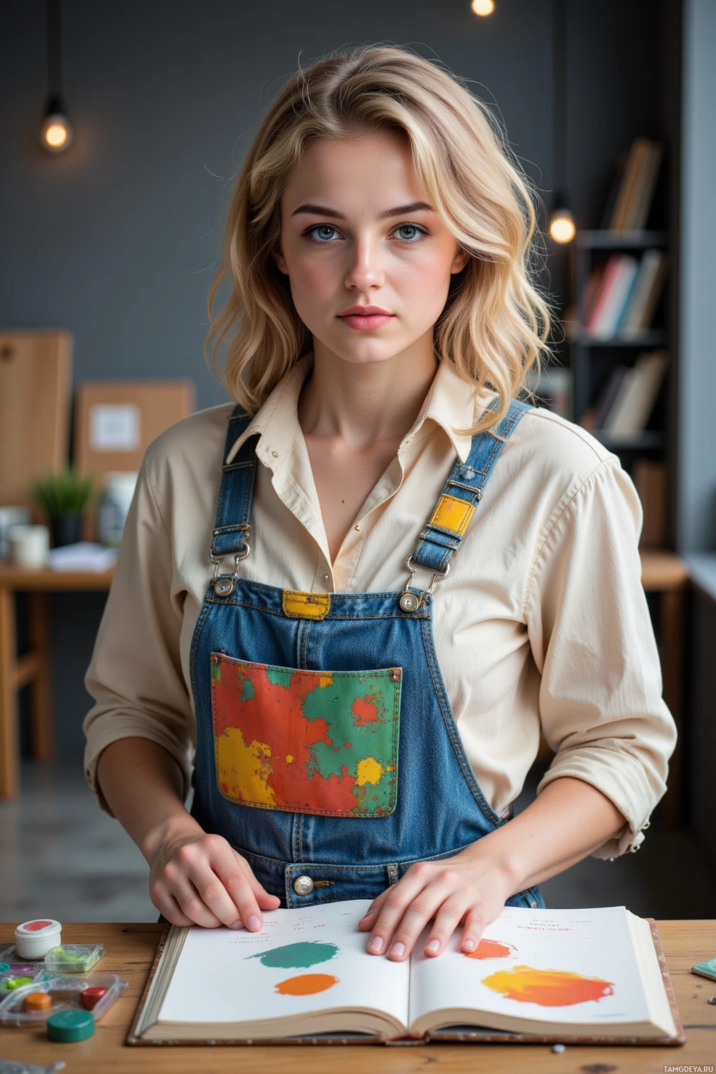 A person wearing a beige shirt and denim overalls stands at a table with an open book and paint containers.