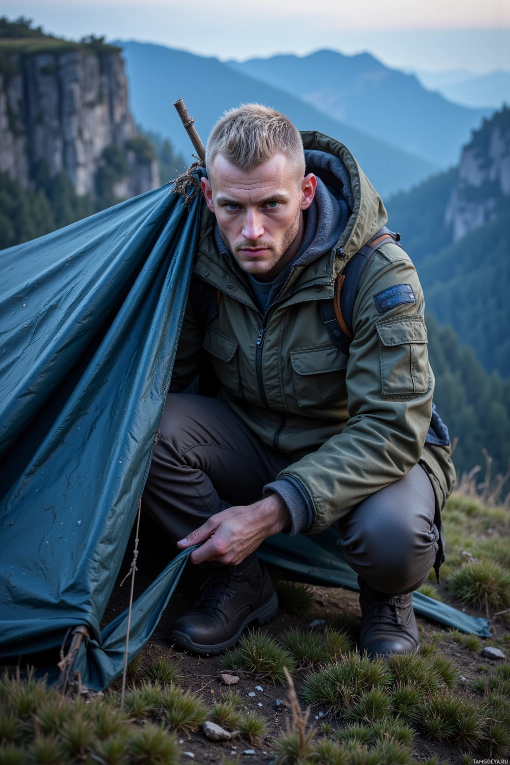 A man in outdoor gear is crouching near a tent in a mountainous area.