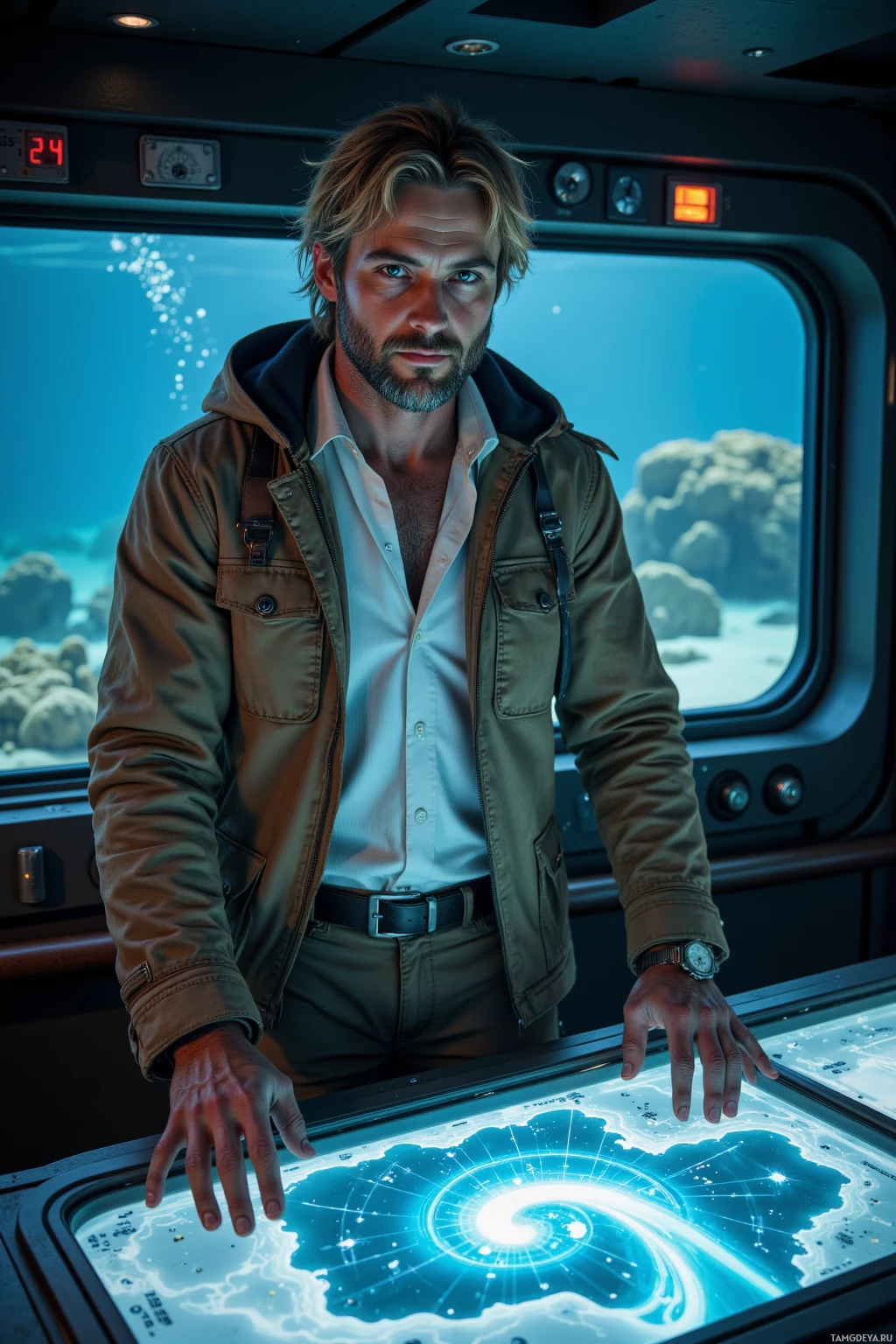 A man stands in a futuristic setting, interacting with a glowing, interactive display.