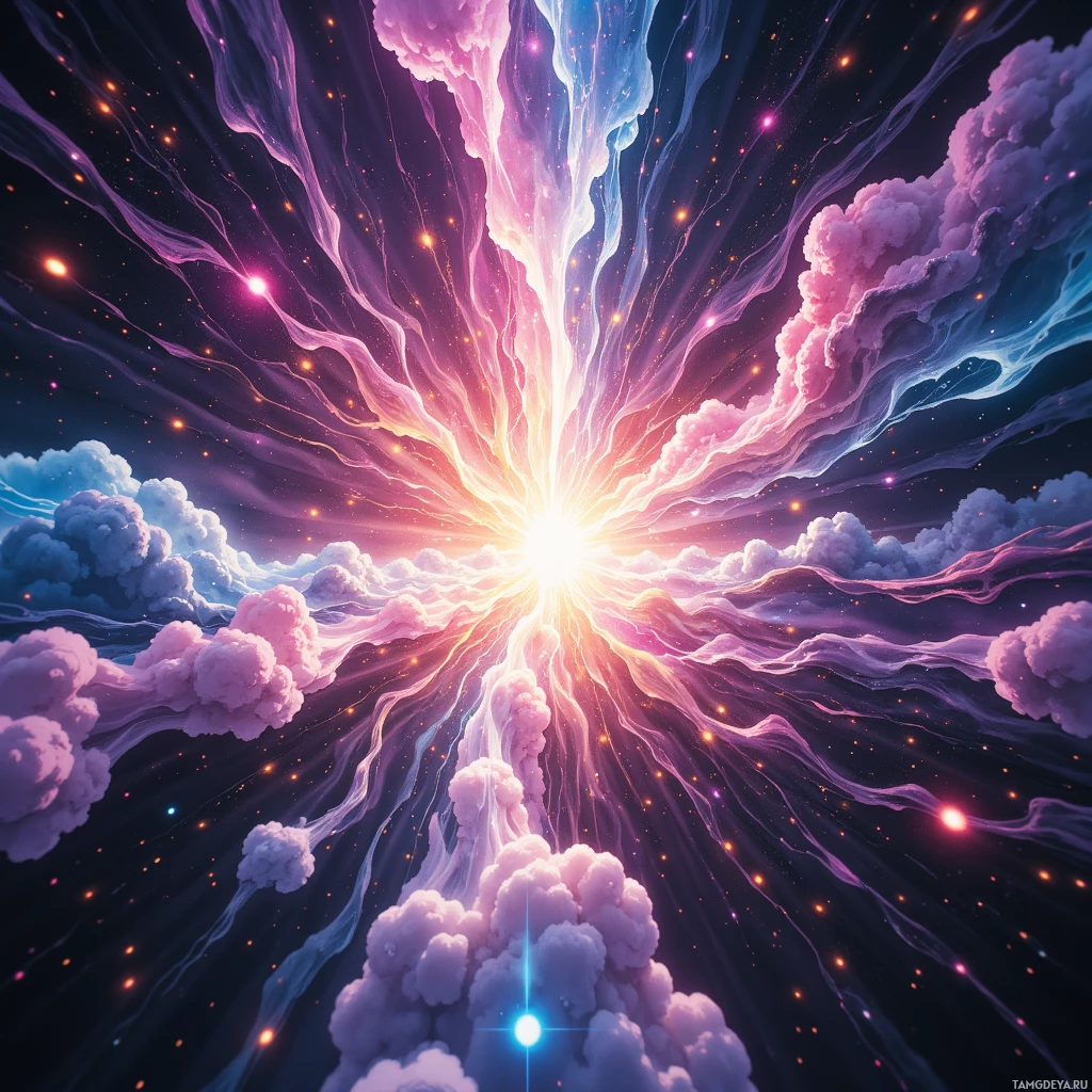 A vibrant cosmic explosion with radiant light and swirling clouds.