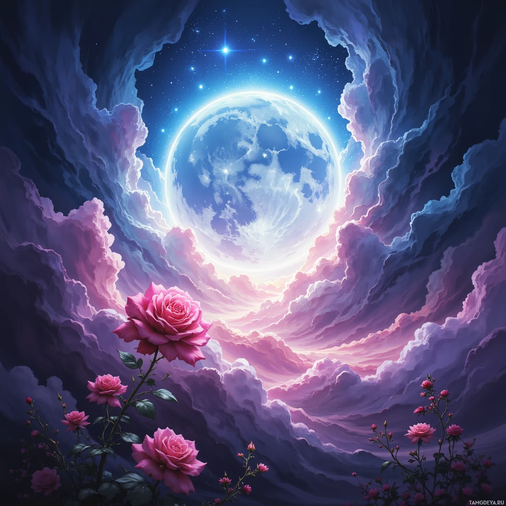 A dreamy night sky with a glowing moon, swirling clouds, and pink roses in the foreground.